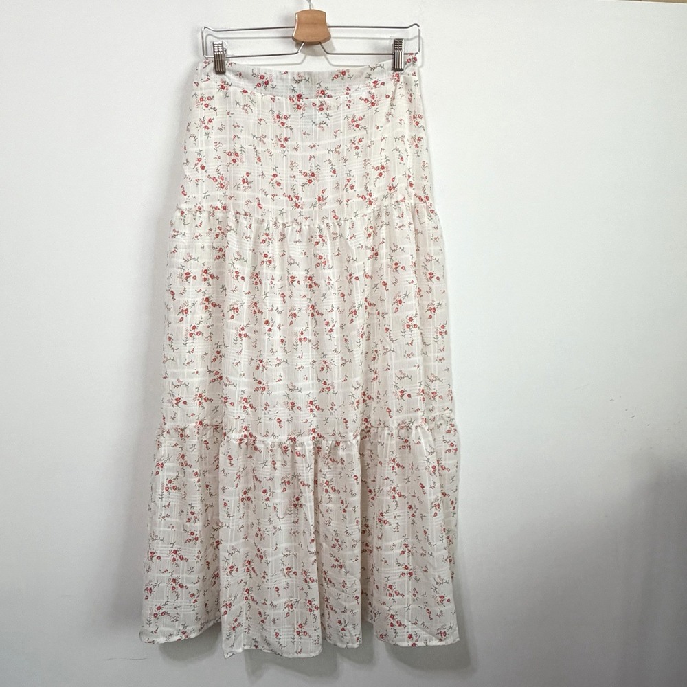 Princess Polly Midi Skirt 6 White Tiered Red Floral Cherry Summer Party Whimsy
